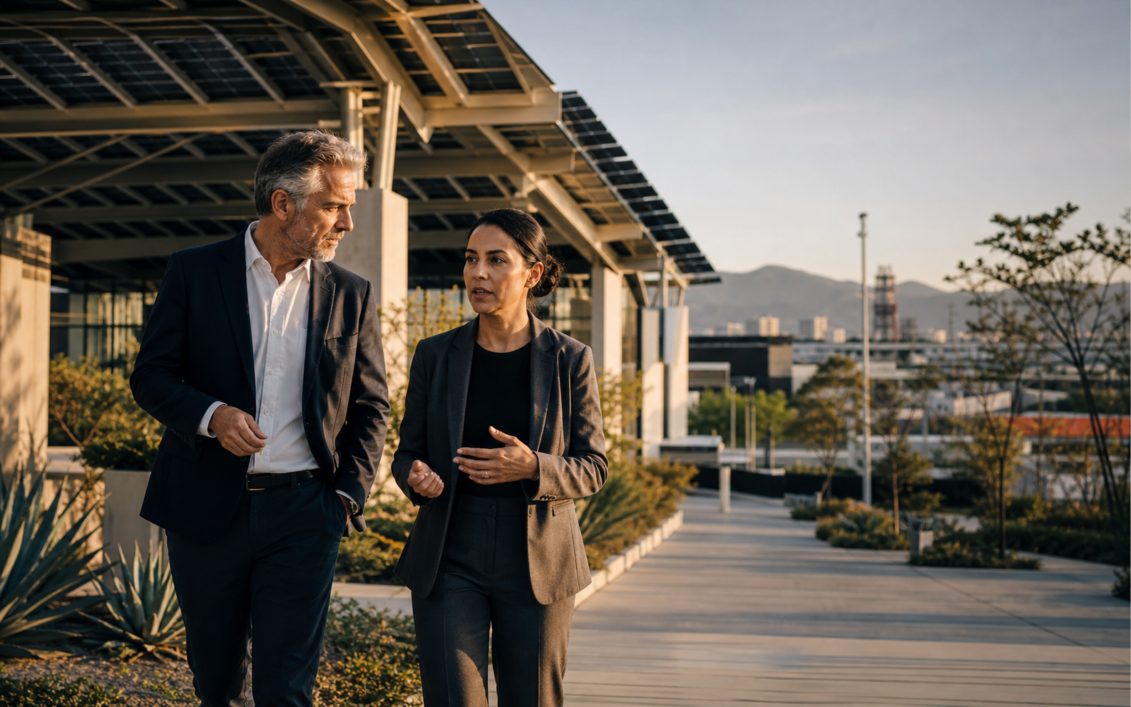 Business colleagues walking and discussing strategy at an industrial site in Mexico